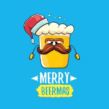 Merry beermas vector comic christmas greeting card with beer glass cartoon Stock Illustration