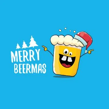 Merry beermas vector comic christmas greeting card with beer glass cartoon Stock Illustration