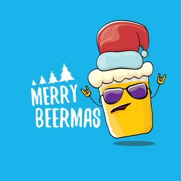 Merry beermas vector comic christmas greeting card with beer glass cartoon Stock Illustration