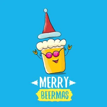 Merry beermas vector comic christmas greeting card with beer glass cartoon Stock Illustration