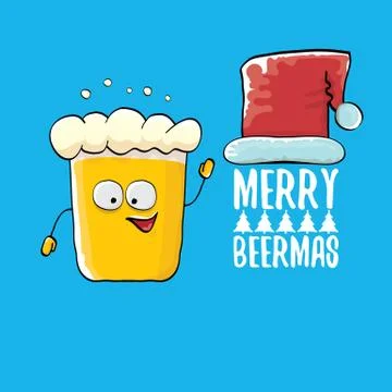 Merry beermas vector comic christmas greeting card with beer glass cartoon Stock Illustration