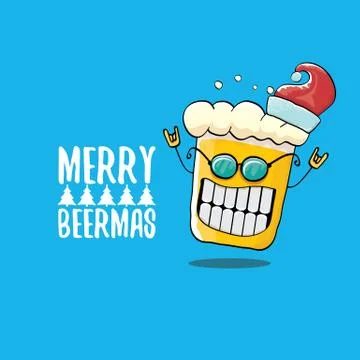 Merry beermas vector comic christmas greeting card with beer glass cartoon Stock Illustration