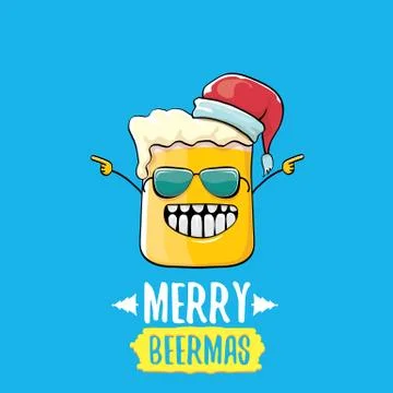 Merry beermas vector comic christmas greeting card with beer glass cartoon Stock Illustration