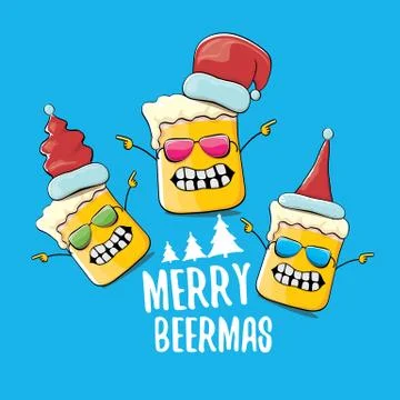Merry beermas vector comic christmas greeting card with beer glass cartoon Stock Illustration