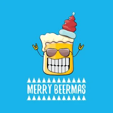 Merry beermas vector comic christmas greeting card with beer glass cartoon Stock Illustration
