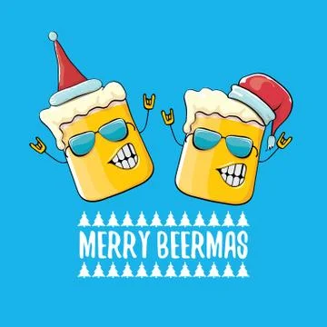 Merry beermas vector comic christmas greeting card with beer glass cartoon Stock Illustration