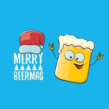 Merry beermas vector comic christmas greeting card with beer glass cartoon Stock Illustration