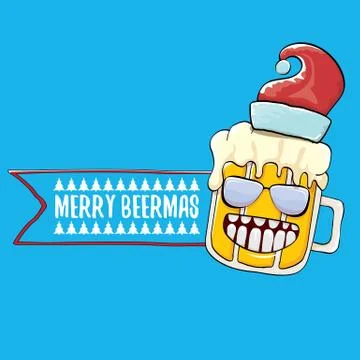 Merry beermas vector comic christmas greeting card with beer glass cartoon Illustrazione stock