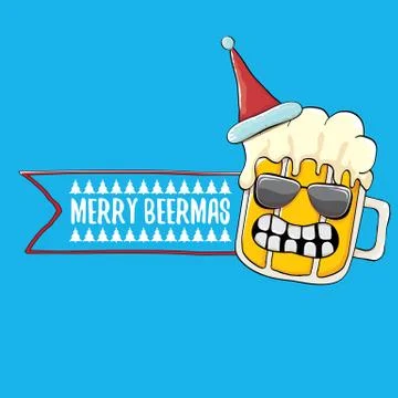 Merry beermas vector comic christmas greeting card with beer glass cartoon Stock Illustration
