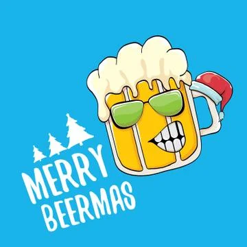 Merry beermas vector comic christmas greeting card with beer glass cartoon Stock Illustration