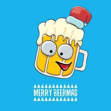 Merry beermas vector comic christmas greeting card with beer glass cartoon Stock Illustration