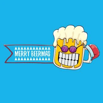 Merry beermas vector comic christmas greeting card with beer glass cartoon Stock Illustration