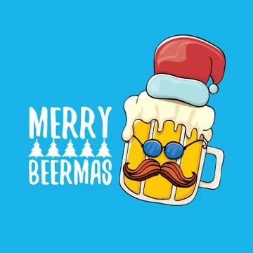 Merry beermas vector comic christmas greeting card with beer glass cartoon Stock Illustration