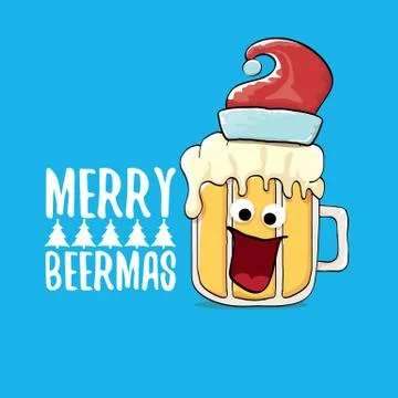 Merry beermas vector comic christmas greeting card with beer glass cartoon Illustrazione stock
