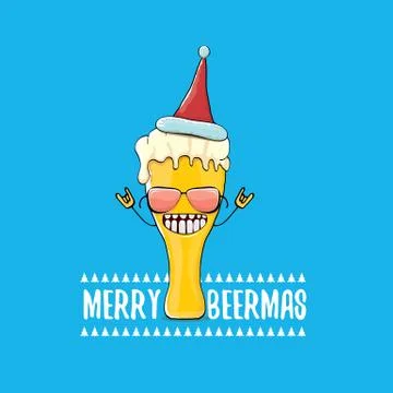 Merry beermas vector comic christmas greeting card with beer glass cartoon Stock Illustration
