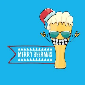 Merry beermas vector comic christmas greeting card with beer glass cartoon Stock Illustration