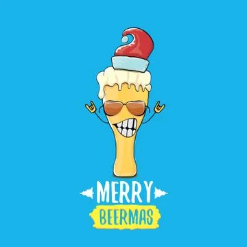 Merry beermas vector comic christmas greeting card with beer glass cartoon Stock Illustration