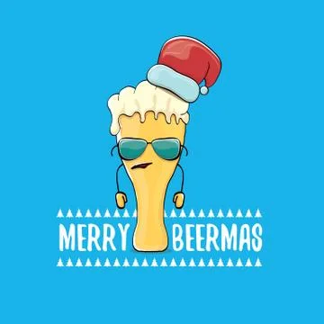 Merry beermas vector comic christmas greeting card with beer glass cartoon Stock Illustration