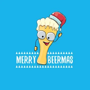 Merry beermas vector comic christmas greeting card with beer glass cartoon Stock Illustration
