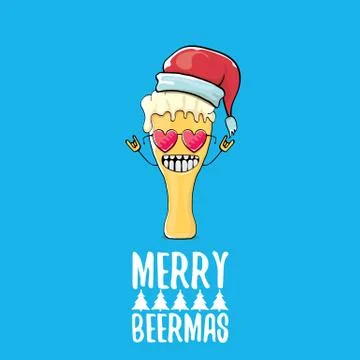 Merry beermas vector comic christmas greeting card with beer glass cartoon Stock Illustration
