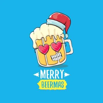 Merry beermas vector comic christmas greeting card with beer glass cartoon Illustrazione stock