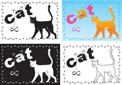 The merry cartoon vector cat goes and leaves traces in the form of a frame. Illustrazione stock