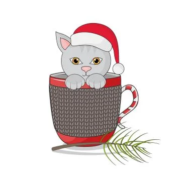 Merry cat in santa's hat sitting in red cup, vector illustration. Stock Illustration