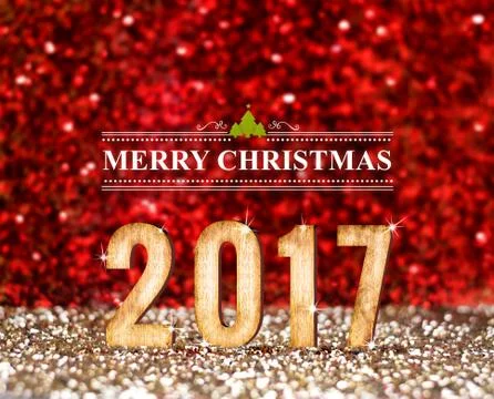 Merry Christmas 2017 (3d rendering) year in vintage red and gold glitter back Stock Illustration