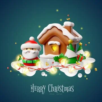 Merry Christmas 3D cartoon vector design, Santa Claus, gingerbread house, pine Stock Illustration