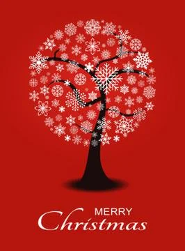 Merry Christmas abstract vector tree with snowflakes on red background. Stock Illustration