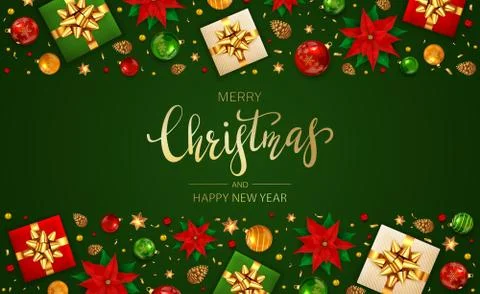 Merry Christmas and Decorative Elements on Green Background Stock Illustration