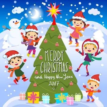 Merry Christmas And Happy New Year. 2017. Winter fun. Cheerful kids playing.. Stock Illustration