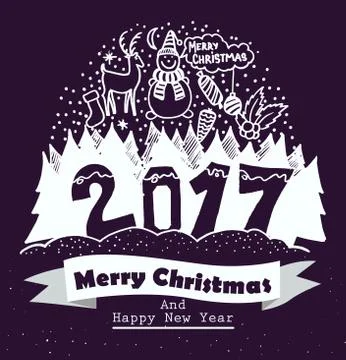 Merry christmas and Happy New Year typography design with hand drawing elements Stock Illustration