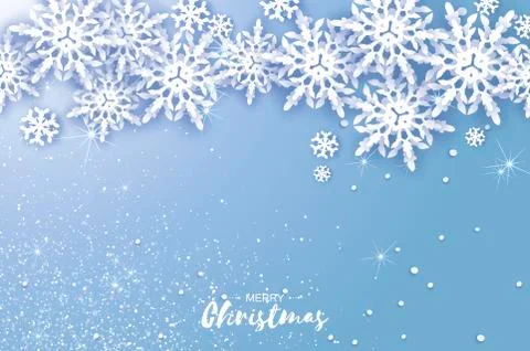Merry Christmas and Happy New Year Greetings card. White Paper cut snowflakes Stock Illustration