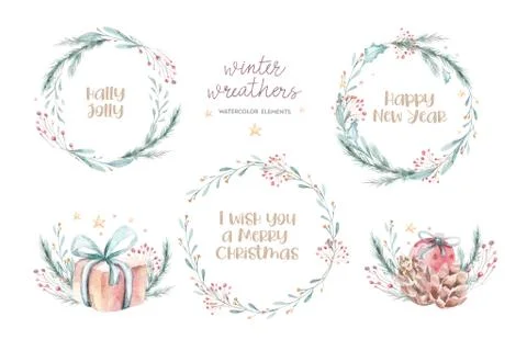 Merry Christmas and Happy New Year. watercolor wreath border, frame Stock Illustration