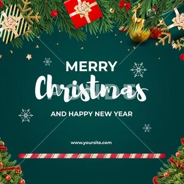 Merry christmas and new year greeting card with holiday decor Modello PSD