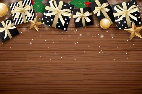 Merry christmas background design template. Gift box and gold ball on brown w Stock Illustration
