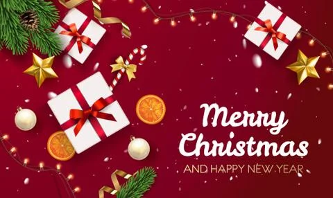 Merry Christmas background with element. Red Background with gifts box, green Illustrazione stock