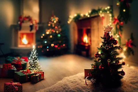 Merry Christmas background with gift next to Christmas Tree in decorated room Stock Illustration