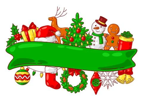 Merry Christmas background. Holiday objects in cartoon style. Stock Illustration