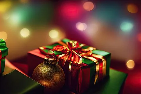 Merry Christmas background with pine trees, balls, gifts and Christmas decora Stock Illustration