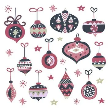 Merry Christmas balls pattern. Hand drawn Xmas balls with geometric ornament. Stock Illustration