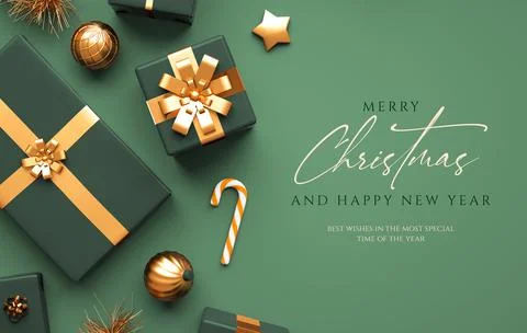 Merry Christmas banner design with presents, balls and text on a green backgr Stock Photos