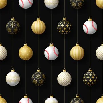 Merry Christmas baseball seamless pattern. Hang on a thread realistic basebal Stock Illustration
