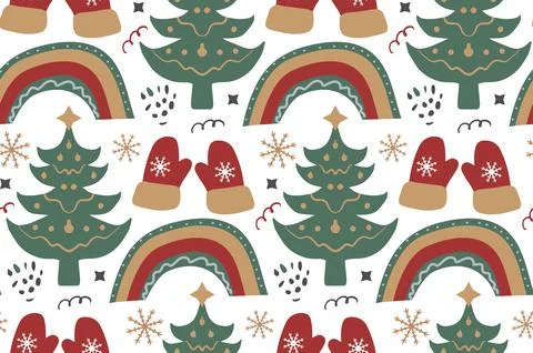Merry Christmas Boho seamless pattern. Bohemian winter holiday repeating texture Stock Illustration