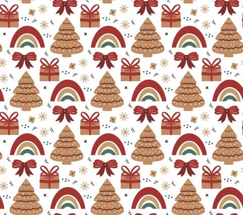 Merry Christmas Boho seamless pattern. Bohemian winter holiday repeating texture 스톡 일러스트