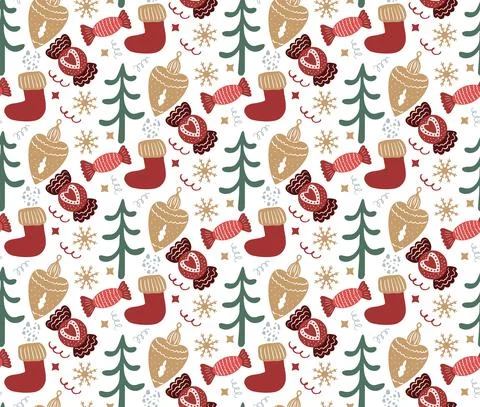 Merry Christmas Boho seamless pattern. Bohemian winter holiday repeating texture Stock Illustration