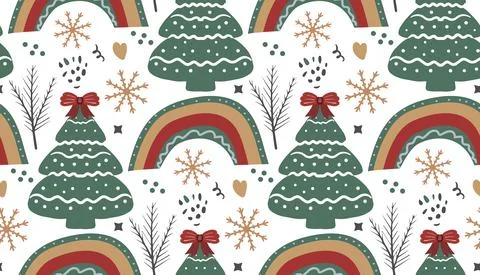 Merry Christmas Boho seamless pattern. Bohemian winter holiday repeating texture Stock Illustration