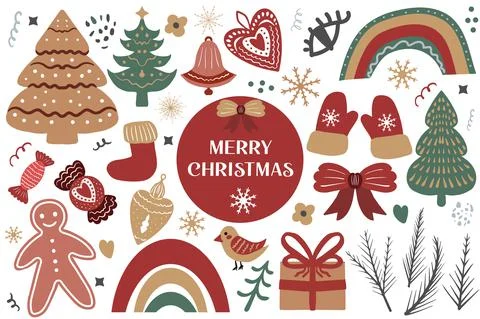 Merry Christmas Boho set elements. Bohemian holiday collection clip art hand イラスト素材