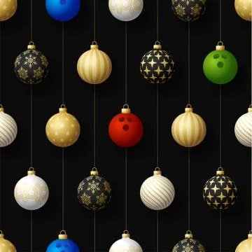 Merry Christmas bowling seamless pattern. Hang on a thread realistic bowling  Stock Illustration